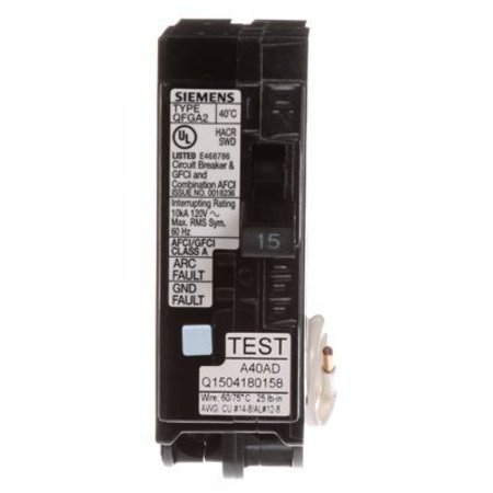 SIEMENS Circuit Breaker, QFGA2 Series 15A, 1 Pole, 120V AC Q115DF